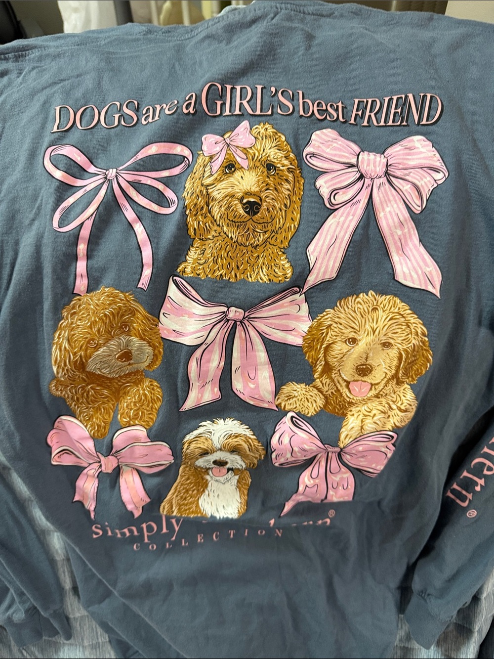 Simply Southern Blue Long Sleeve Tee with Pink Bow & Dog Graphic golden doodle